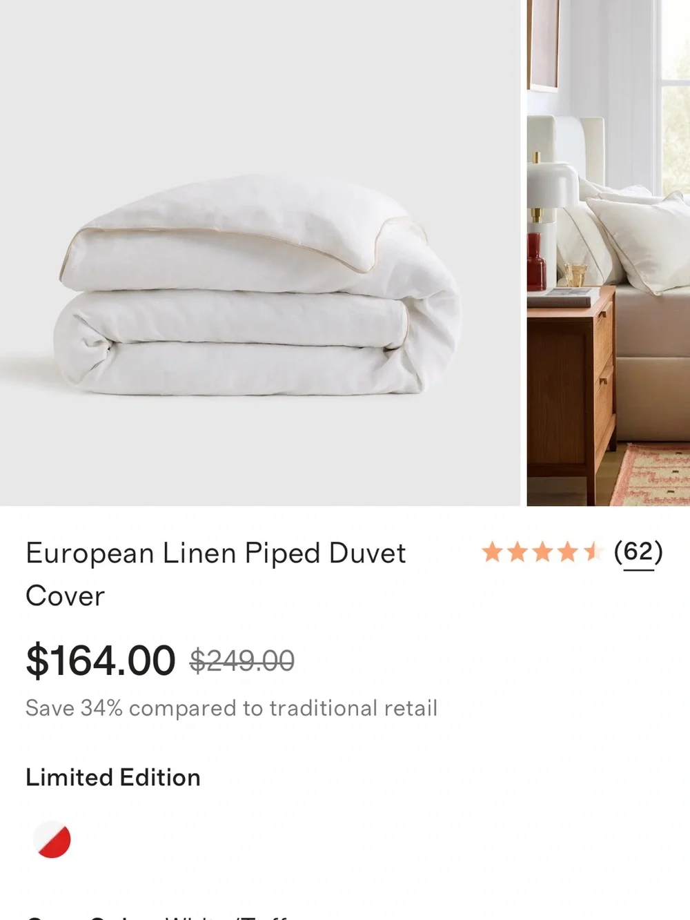 NWOT European Linen White Duvet Cover with Toffee Piping - Retail $164